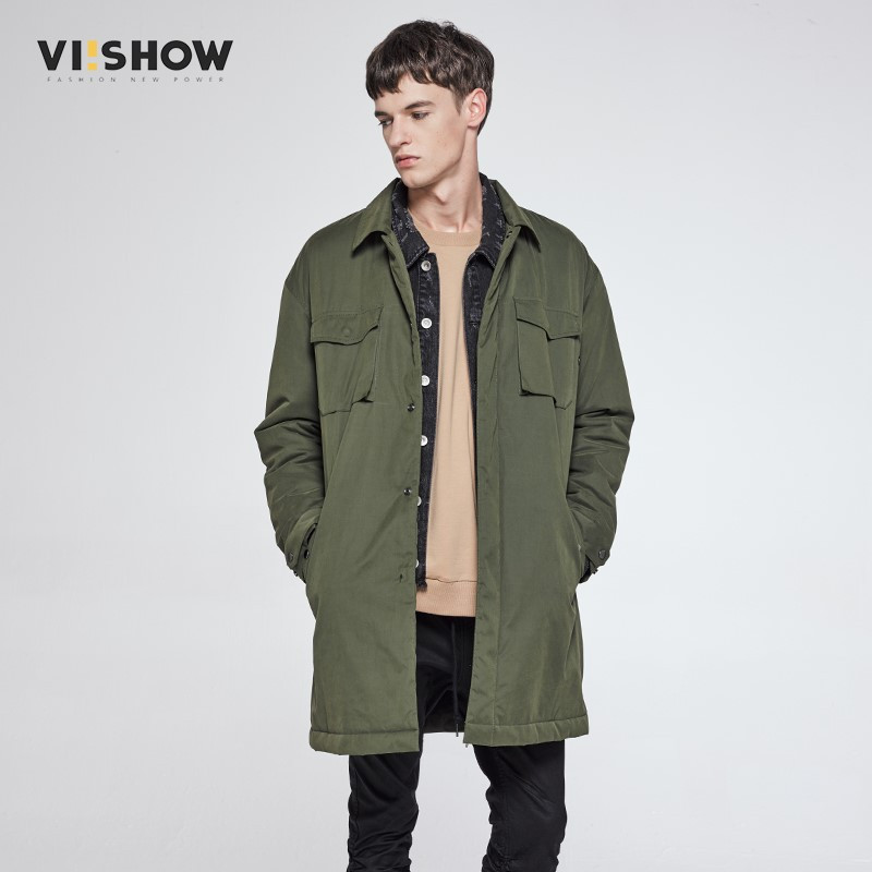 viishow2016冬季新款棉服军绿色保暖棉衣中长款休闲外套青年棉袄