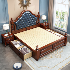 景山百岁 床 实木床 美式实木床 1.5米1.8m 轻奢美式乡村欧式床 深胡桃色主卧床 高箱储物婚床 家具床