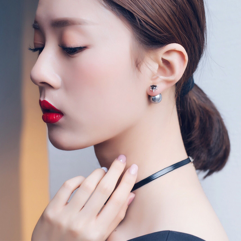 锆石耳钉女韩国个性气质前后戴两用双面珍珠耳环送女朋友老婆生日礼物