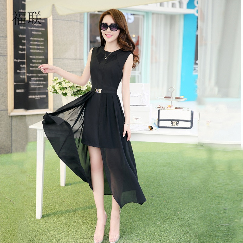 夏季新款包臀短裙拼接超长燕尾拖尾雪纺长裙优雅女神连衣裙不规则905