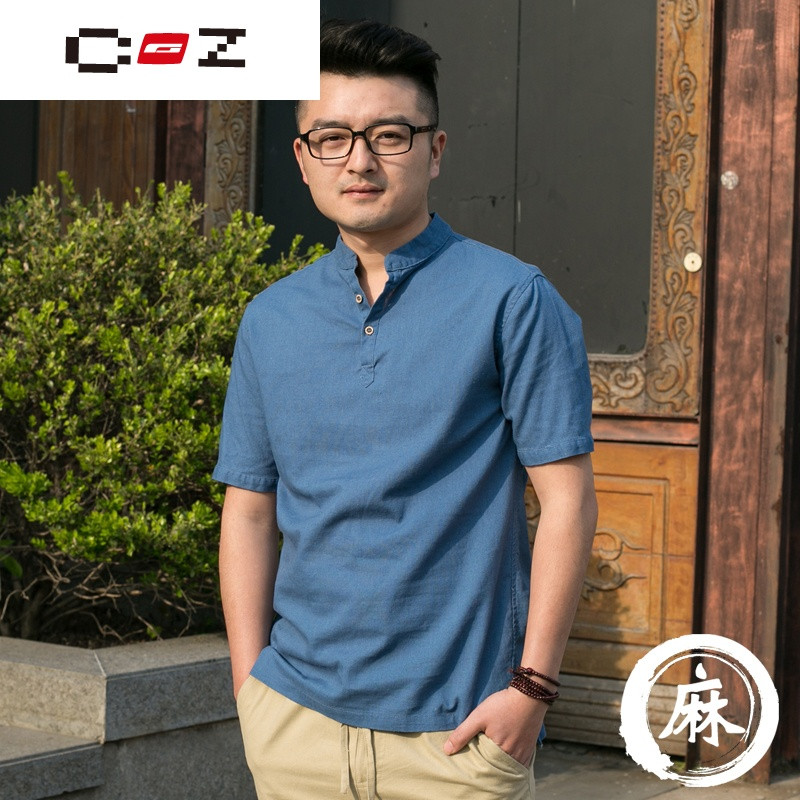 CZ潮流品牌中国风男装亚麻男衬衫春夏季短袖