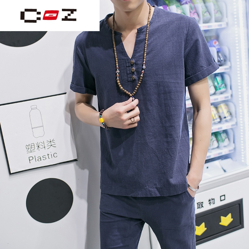 CZ潮流品牌夏季新款中国风亚麻休闲运动套装