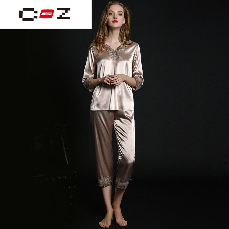 CZ潮流品牌春夏季女冰丝绸睡衣两件套装夏天