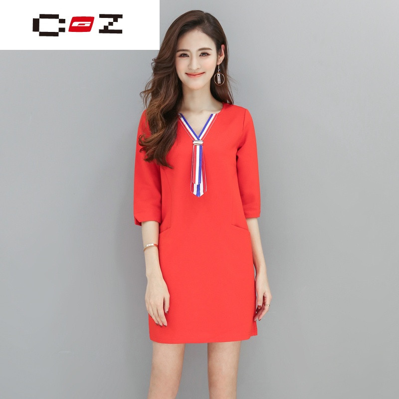 CZ潮流品牌2017新款宽松大版口袋中袖红色连