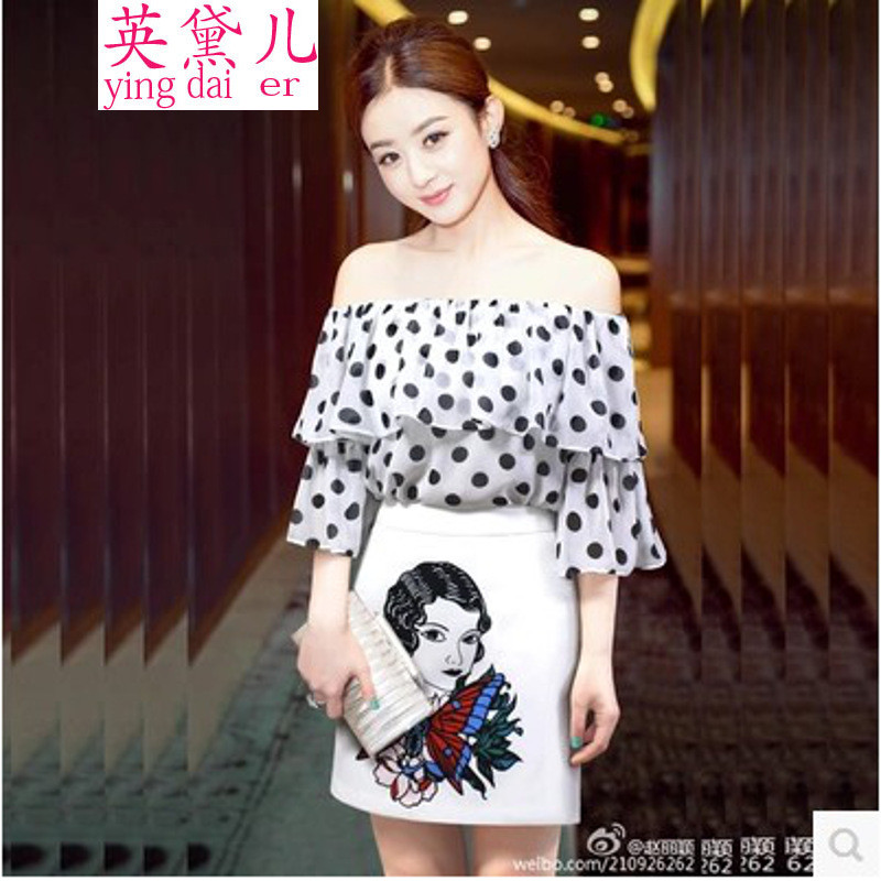 英黛儿赵丽颖明星同款一字领喇叭袖波点雪纺衫