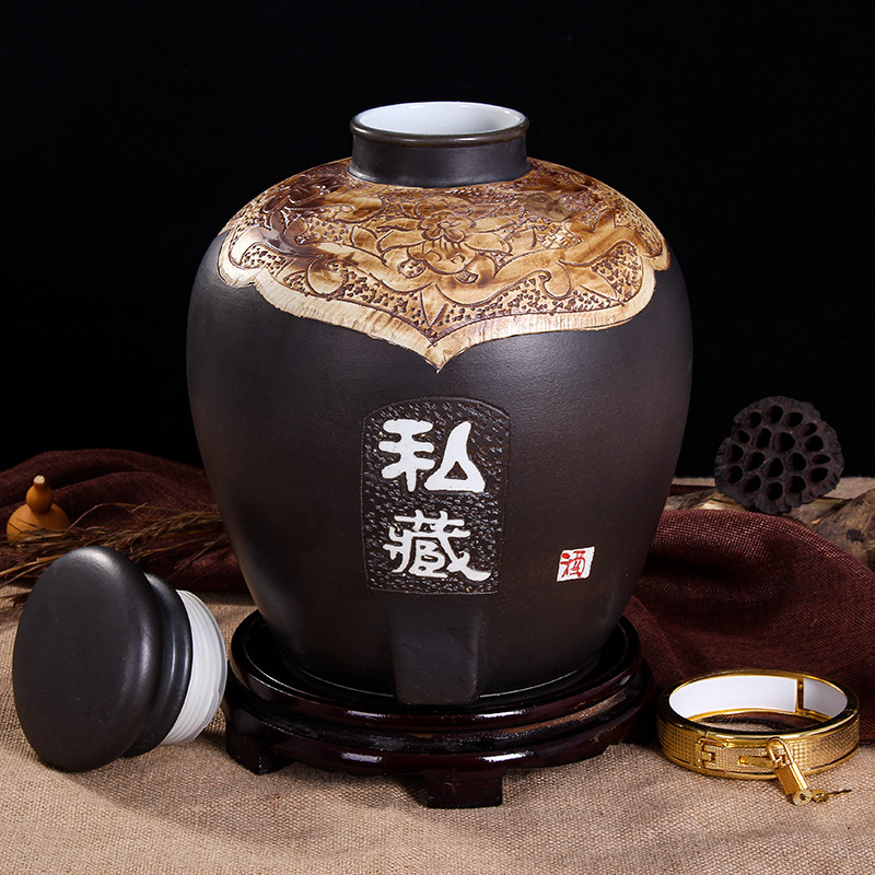 艺锦蓝 景德镇陶瓷私藏雕刻酒坛30斤无孔 酒缸 泡酒瓶 泡酒壶 密封坛