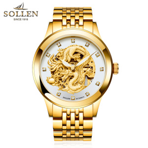 梭伦(SOLLEN)手表金表自动机械表镂空男士间金品质精钢时尚休闲商务男表龙表SL602