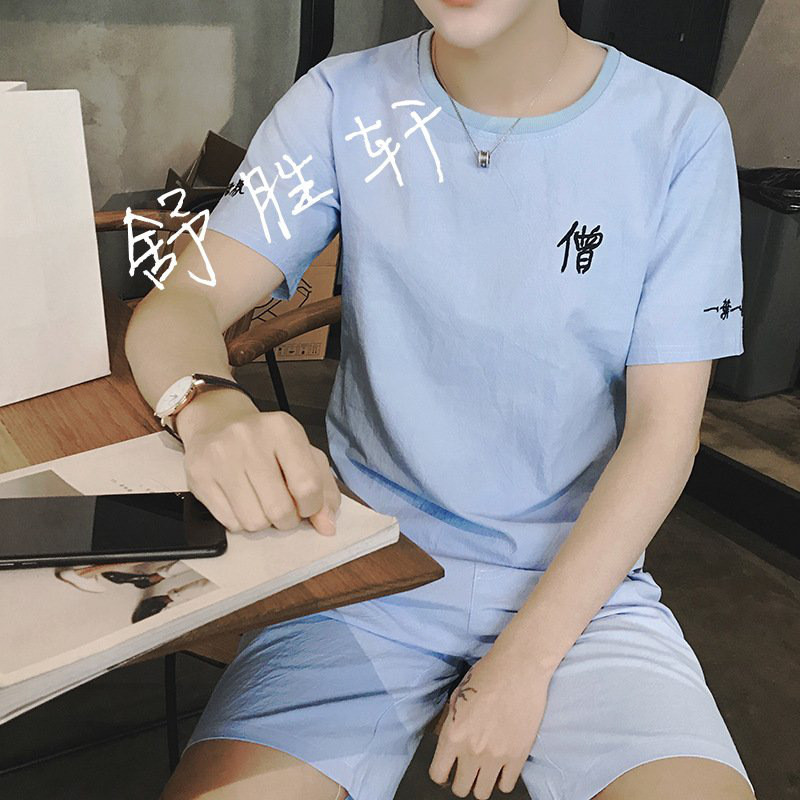 夏季透气棉麻短袖套装男加大码纯棉短袖t恤潮