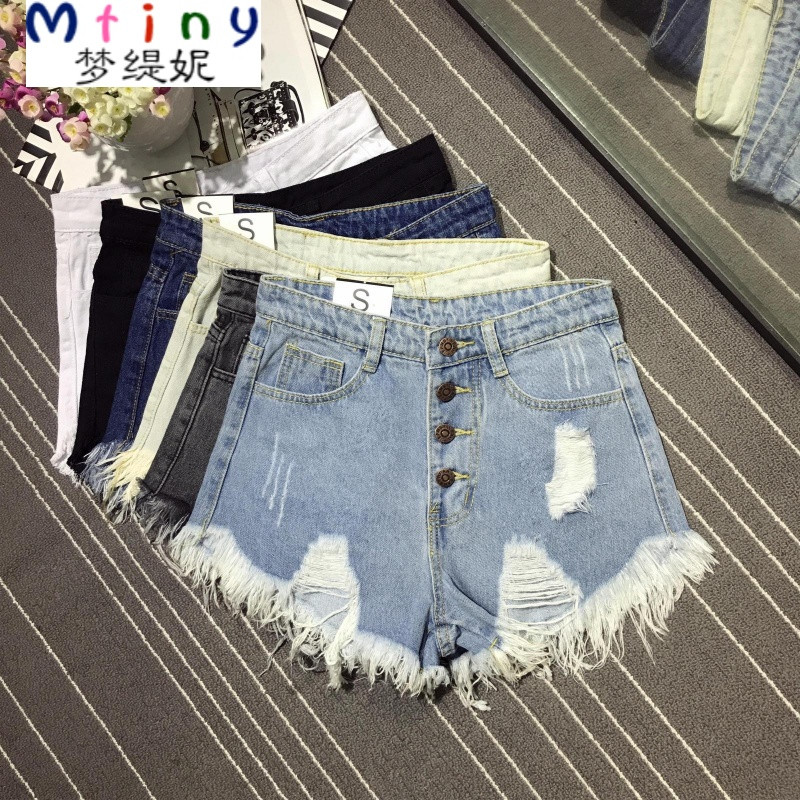 mtiny高腰排扣性感破洞牛仔短裤女学生毛边 夏新款韩版a字阔腿热裤