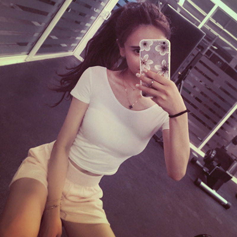 上新款 夏季纯色短款t恤女夏修身漏肚脐体恤短袖露脐装纯棉紧身高腰