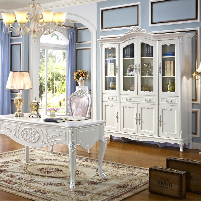 欧式书柜四门大书柜书橱书房家具书柜书桌组合带玻璃门展示柜装饰柜