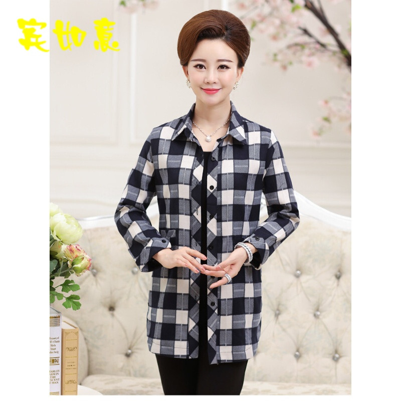 2017中老年纯棉长袖格子衬衫女春秋新款妈妈