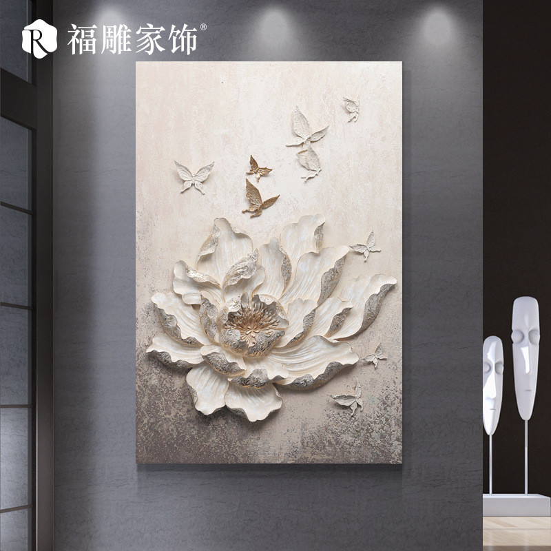 现代简约新中式立体3d手绘油画 单幅花鸟画花草壁画浮雕