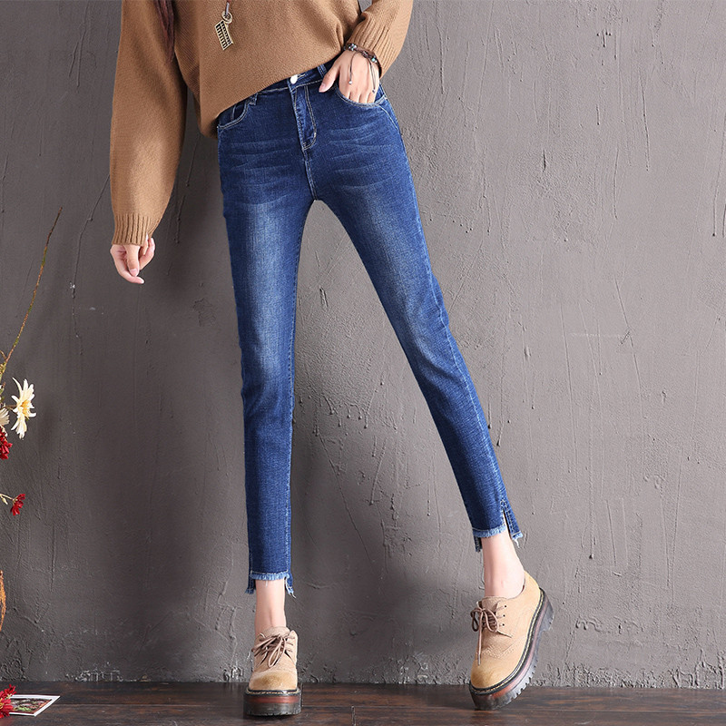 牛仔九分小脚裤秋季新款弹力显瘦毛边裤韩版时