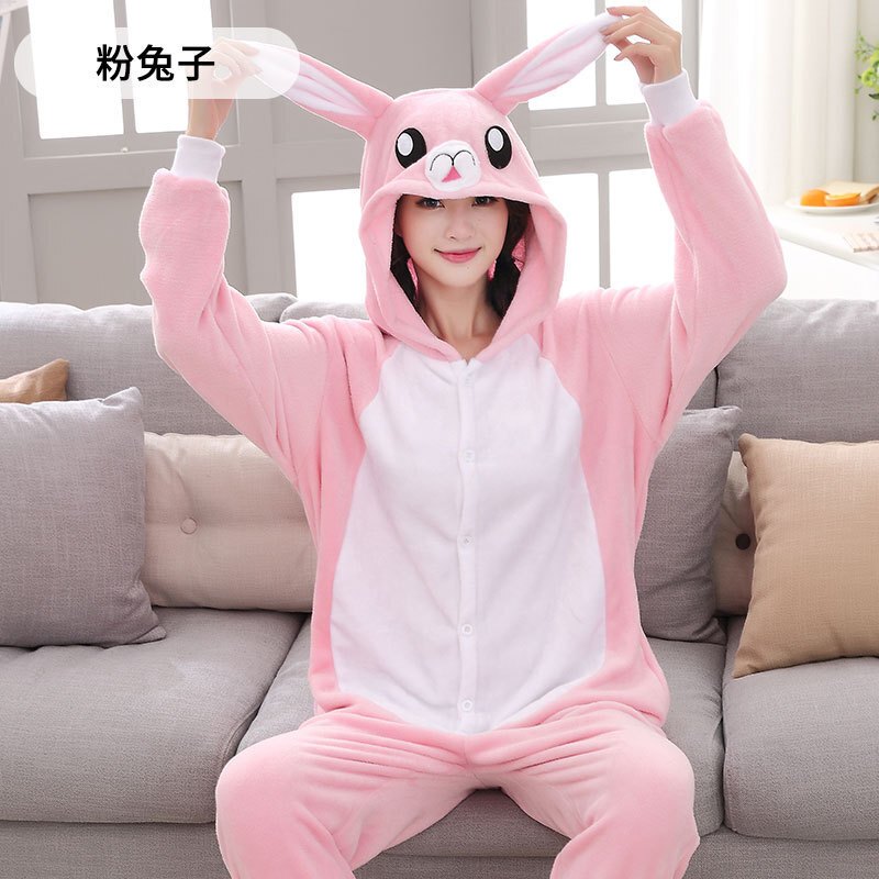 秋冬法兰绒卡通动物恐龙天马连体睡衣珊瑚绒男女情侣家居服粉兔子s