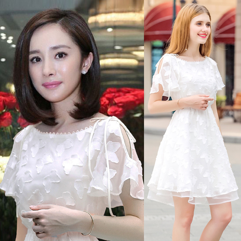 828新款2017新款夏装杨幂同款衣服女甜美超仙气裙成人漏肩挂脖连衣裙