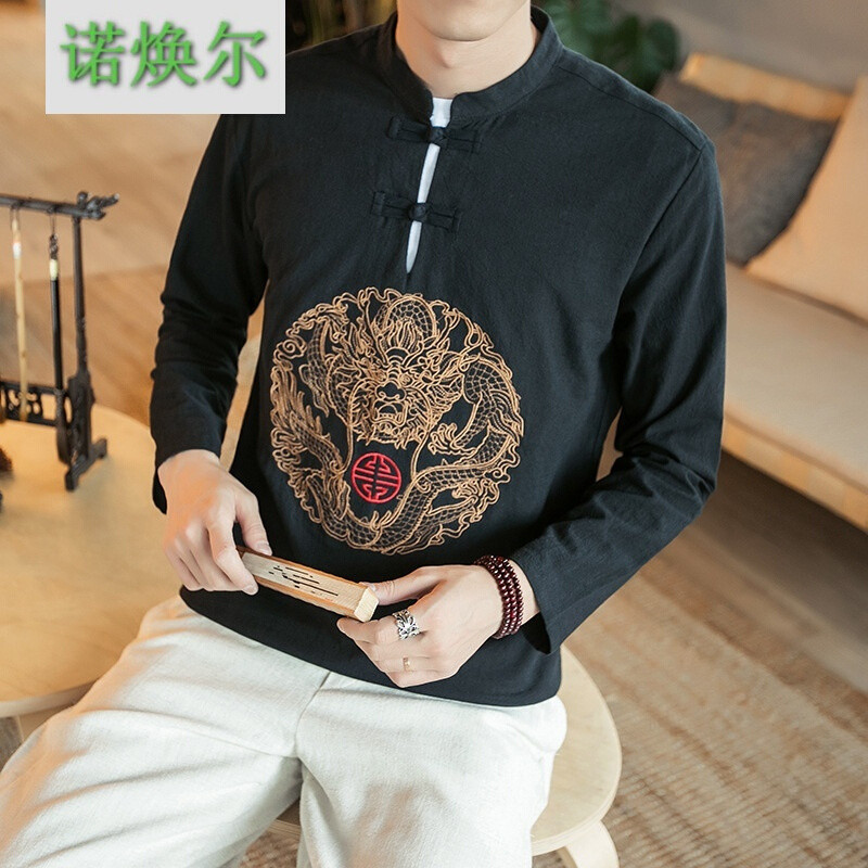 诺焕尔服饰复古盘扣长袖中国风龙图案刺绣T恤