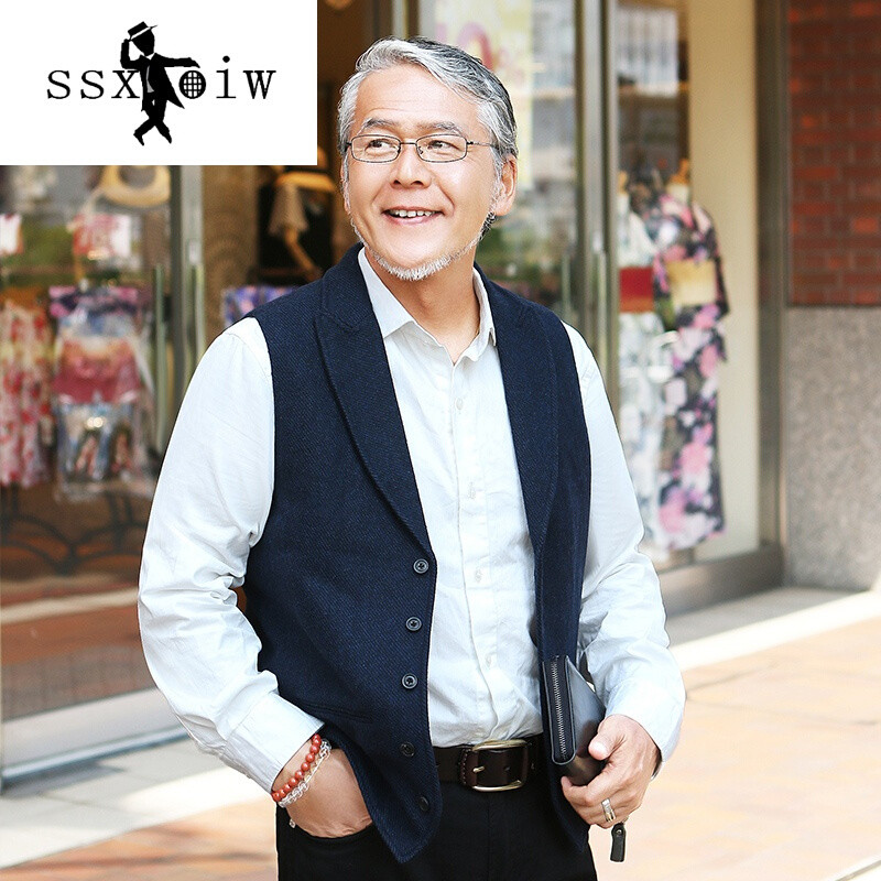 ssxoiw中老年人春秋装西装马甲羊毛呢背心爷爷爸爸装老人外穿衣马夹