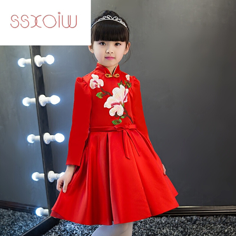 ssxoiw2017新款红色儿童礼服蓬蓬裙中式花童礼服裙女童礼服旗袍领新年