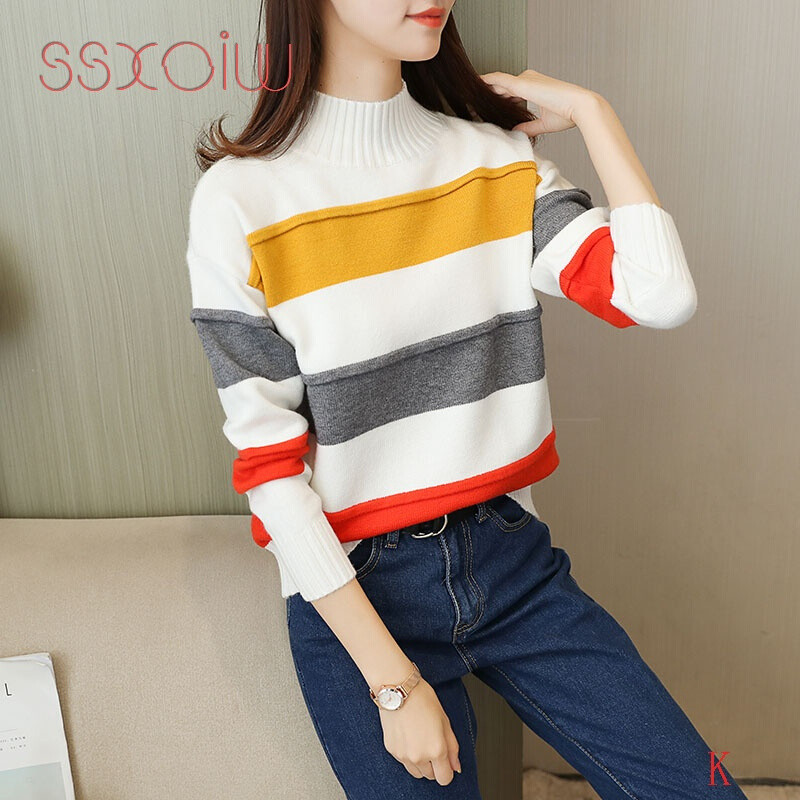 SSXOIW宽松拼色条纹针织衫毛衣女学生外套百