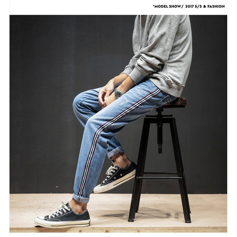 秋装新款水洗全棉牛仔裤男士织带加肥加大码牛