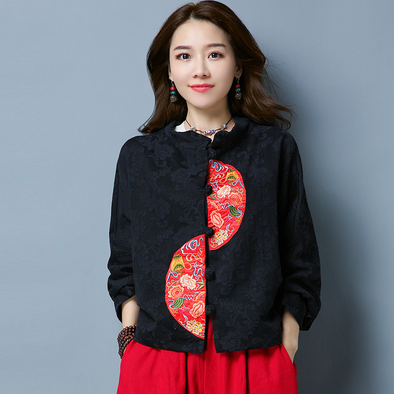 瑾汐2017新款民族风棉麻短款蝙蝠袖绣花短外