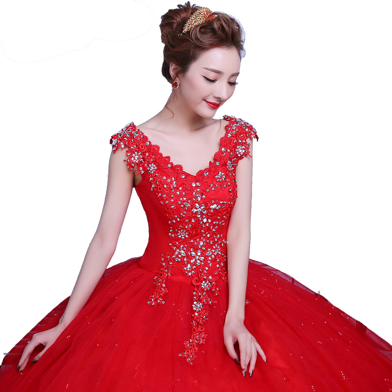 婚纱礼服新娘齐地双肩v领白色修身显瘦新娘结婚红色婚纱2017新款