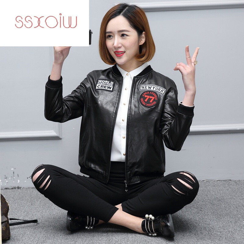 SSXOIW2017春装新款真皮皮衣女短款机车服