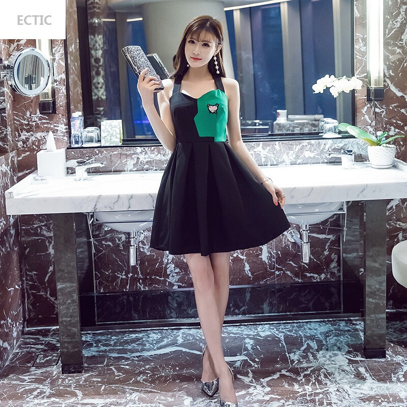 ectic夏装女装夜店性感大摆裙2017修身显瘦气质淑女撞色收腰吊带