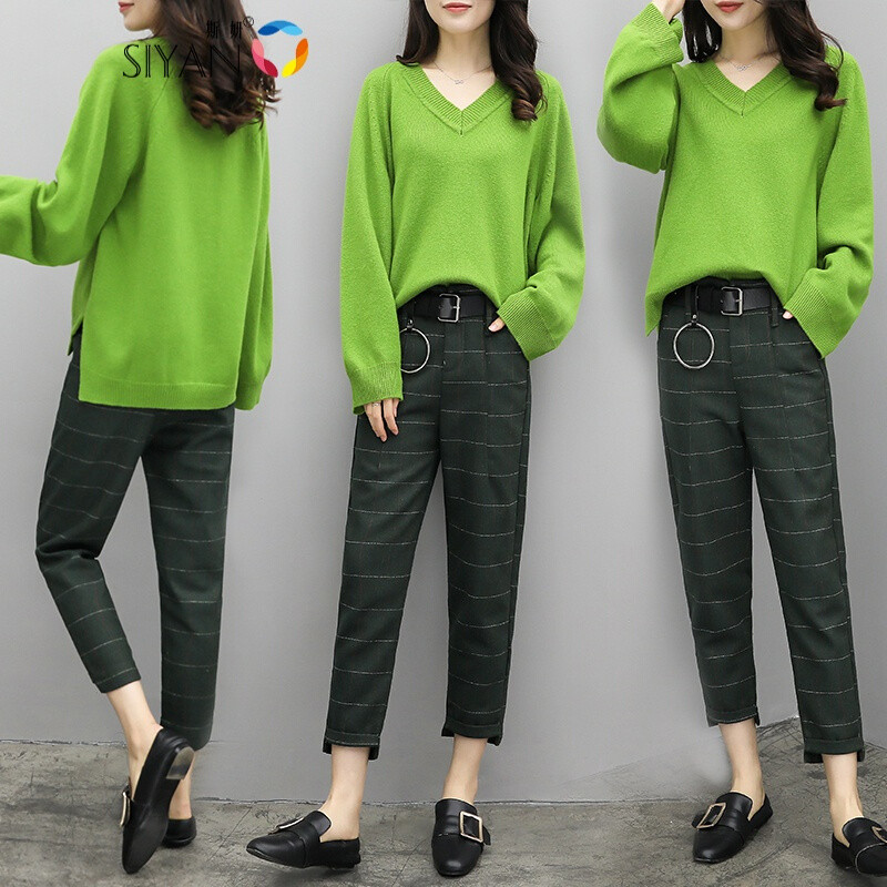 斯妍欧洲站2017秋冬新款宽松显瘦毛衣两件套时尚休闲格子裤针织套装女