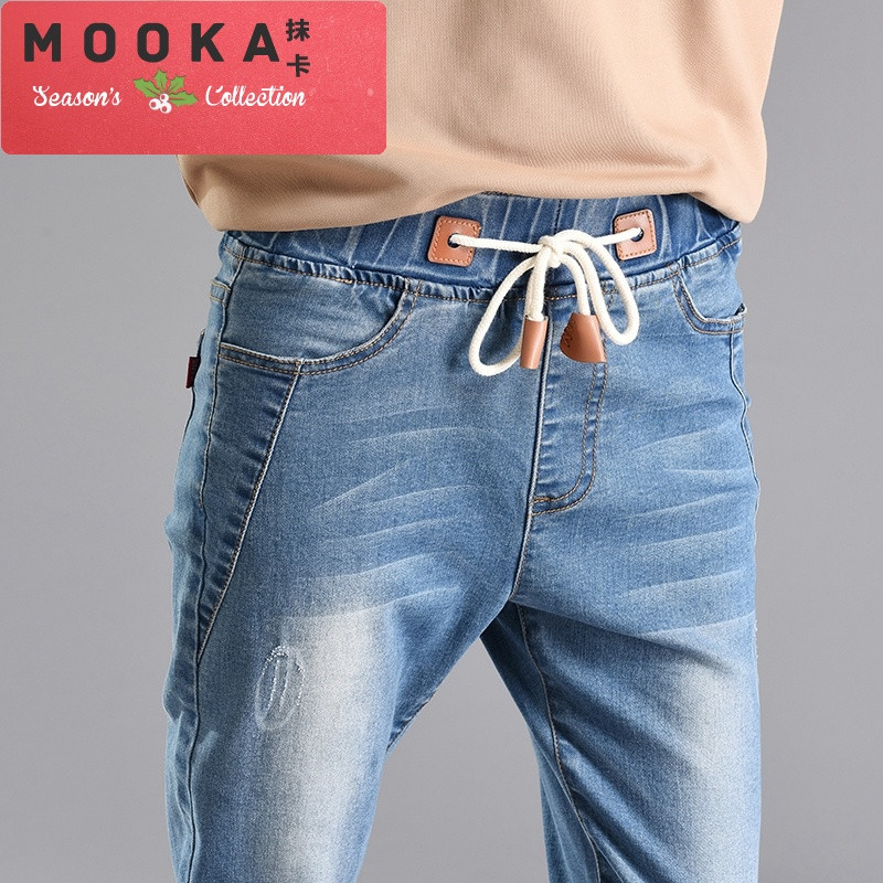 抹卡潮流特大超大码松紧腰弹力牛仔裤女 加肥