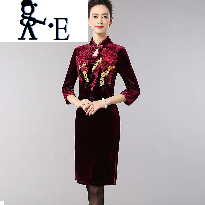 唯帝歌 2017春装新款长款旗袍高个子连衣裙奶