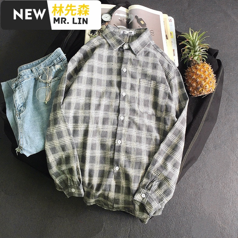 潮流男装港风秋季日系格子长袖衬衫复古文艺情