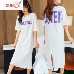 睡裙女韩版连衣裙睡衣中袖T恤V领性感长裙可外穿白色 费琳