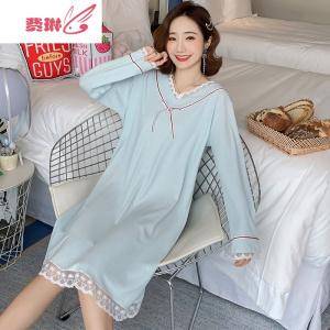 韩版睡衣女甜美长袖睡裙中长款薄款可爱学生裙子 费琳