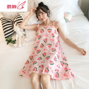 睡衣女夏季薄款吊带胸垫家居服韩版短袖睡裙棉复古性感莓 费琳