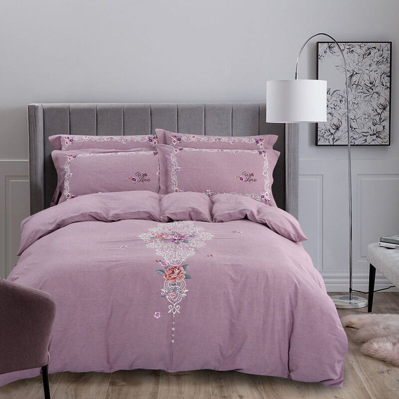 欧式新中式古典全棉水洗棉绣花床单四件套素色