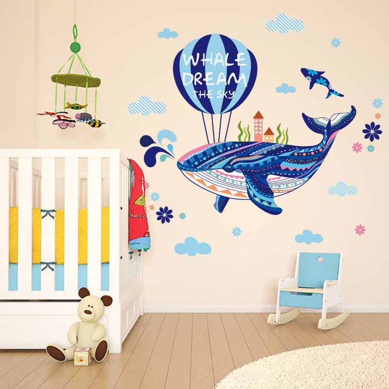 墙贴纸贴画儿童房间卧室幼儿园班级装饰品海洋鲸鱼热气球卡通创意