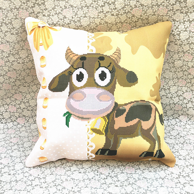 印花3d十字绣抱枕靠垫卡通儿童房卧室动物可爱小牛现代简约