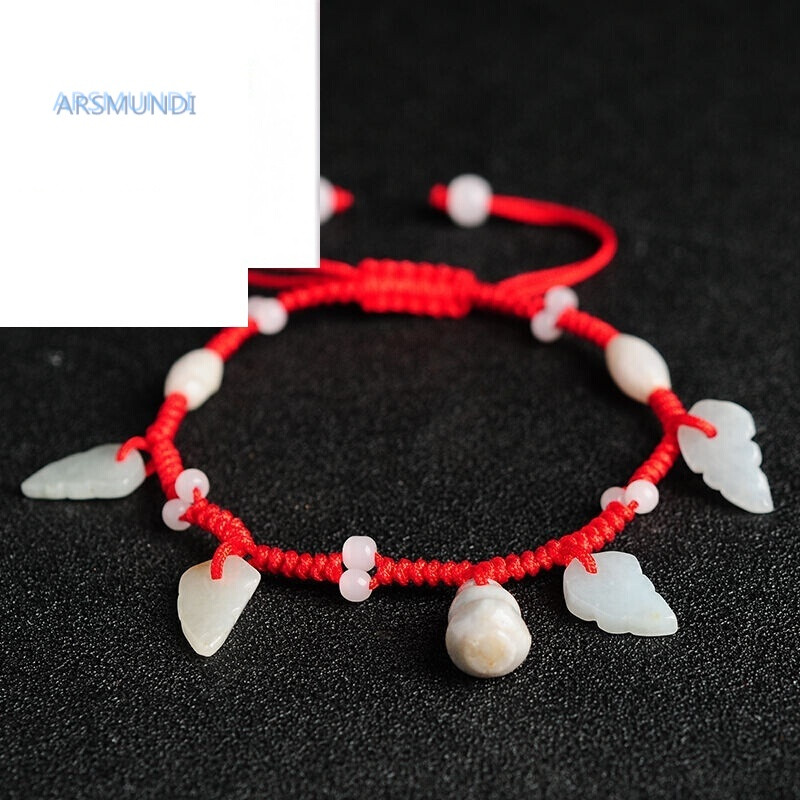 arsmundi翡翠玉器葫芦树叶手链 女款玉石编织红绳手链图片