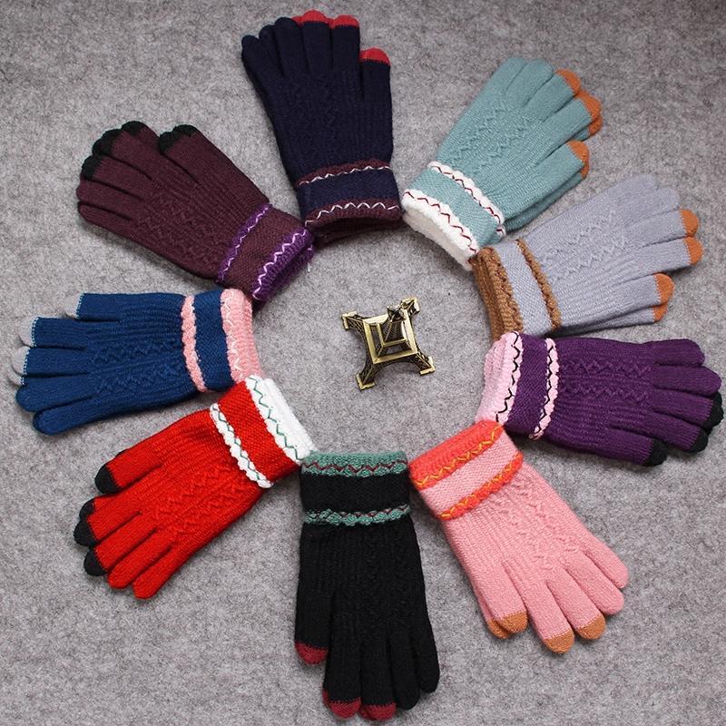 韩版冬季保暖加绒加厚女生手套触屏毛线针织可爱触控女士五指手套