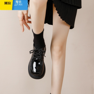 聚范乐福鞋女鞋子2023新款软底厚底系带大头黑小皮鞋休闲单鞋
