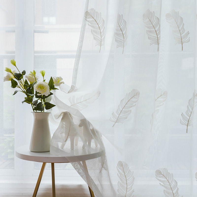 羽毛纱帘窗帘窗纱客厅阳台落地成品布料白色绣花现代简约