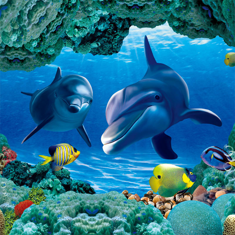3d立体墙贴壁画贴纸壁纸自粘墙纸海底世界海豚海洋游泳馆儿童背景