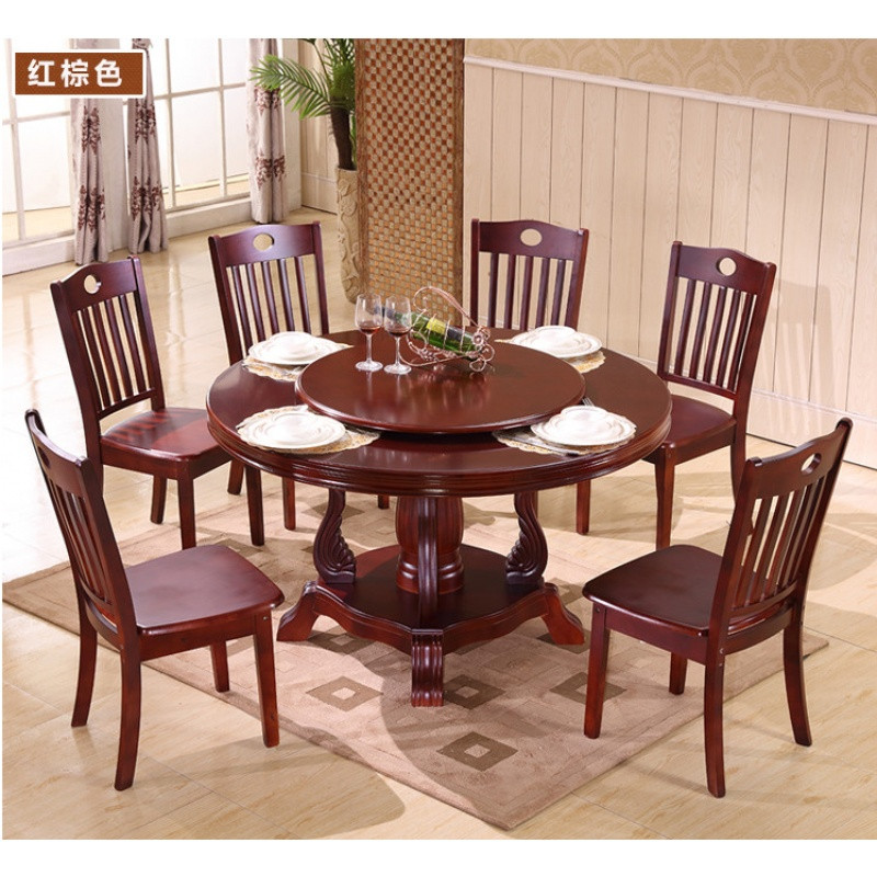 中式橡胶木大圆桌子吃饭餐桌椅组合雕花圆形餐台1.8米