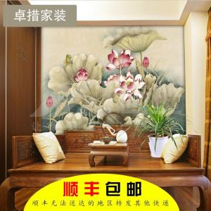 新中式客厅卧室电视背景墙手绘工笔荷花墙纸书房过道玄关壁画壹德壹