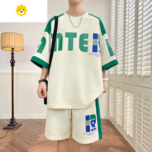 FISH BASKET季透气青少年华夫格短袖T恤套装男韩版休闲时尚帅气学生两件套