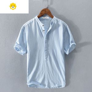 FISH BASKET棉麻T恤男士季日系复古亚麻短袖体恤中国风白色POLO衫立领衬衫