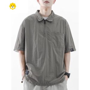 FISH BASKET日系潮牌短袖男polo衫t恤冰丝设计美式复古半袖衬衫拉链衫衣