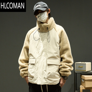 HLCOMAN棉袄男冬季设计感拼料羔绒外套男士冬装棉衣高级感加绒加厚棉服